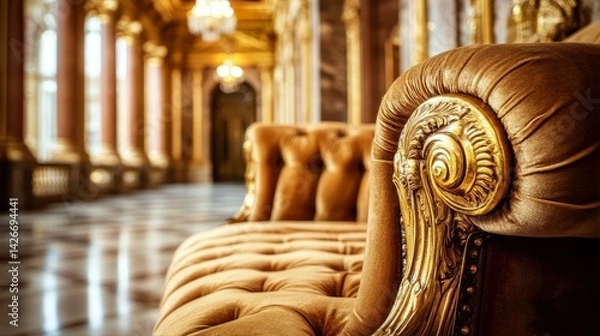 Obraz Ancient golden artifact on velvet, bathed in soft light, with marble columns behind; a timeless glimpse into cultural heritage.