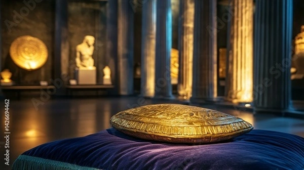 Obraz Ancient golden artifact on velvet, bathed in soft light, with marble columns behind; a timeless glimpse into cultural heritage.