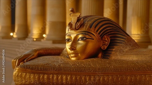 Obraz Ancient golden artifact on velvet, bathed in soft light, with marble columns behind; a timeless glimpse into cultural heritage.