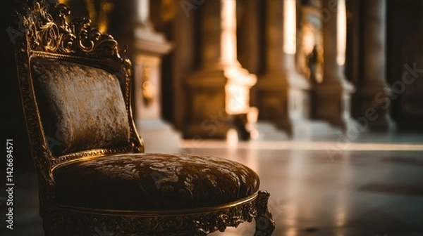 Obraz Ancient golden artifact on velvet, bathed in soft light, with marble columns behind; a timeless glimpse into cultural heritage.