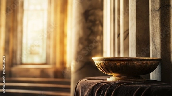 Obraz Ancient golden artifact on velvet, bathed in soft light, with marble columns behind; a timeless glimpse into cultural heritage.