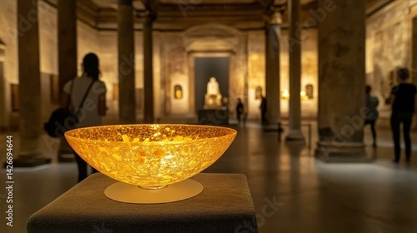 Obraz Ancient golden artifact on velvet, bathed in soft light, with marble columns behind; a timeless glimpse into cultural heritage.