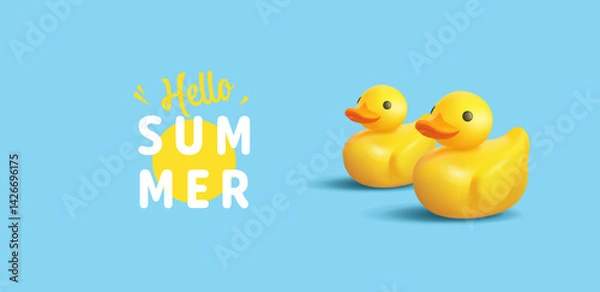 Obraz Hello summer. Yellow realistic plastic ducklings floating on water. Modern banner for vacation, relaxation, and resort concepts. Vector illustration.