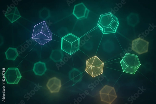 Obraz Abstract glowing geometric shapes connected by lines symbolize digital blockchain or network technology concept.