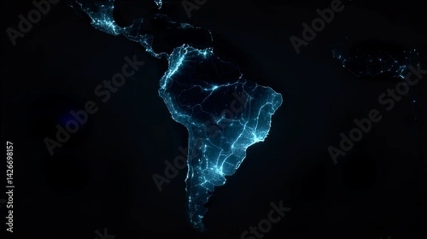 Fototapeta Latin America Map Blue Color Palette Glowing Stylized Cartography Geographical Illustration Political Borders Regional Overview Topographical Detail Travel Destination Guide lowercase
