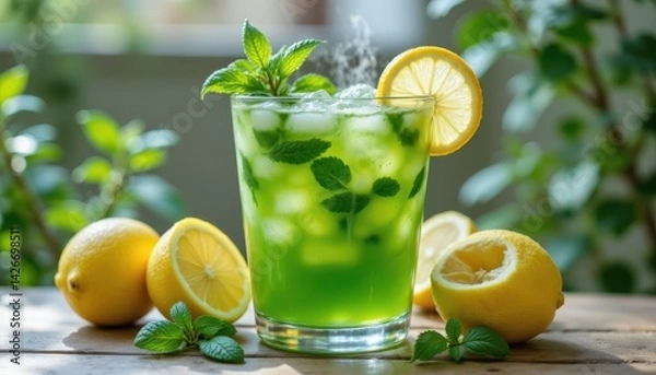 Fototapeta green drink with mint and lemon, iced clear cup, vibrant refreshment look