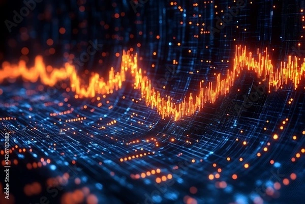 Fototapeta Abstract data visualization with orange line and blue grid technology background