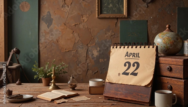 Fototapeta Calendar displaying April 22 on rustic wooden table