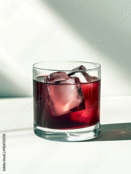 Fototapeta Chilled Hibiscus Elixir: Minimalist Film-Style Cocktail with Ice Cubes

