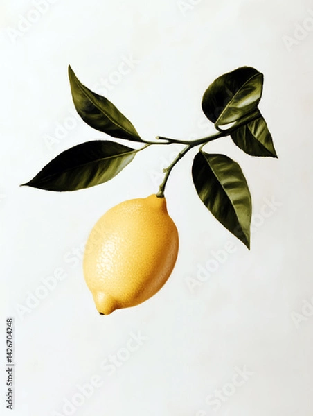 Fototapeta Elegant Minimalist Bergamot Lemon Illustration with Branch and Leaves on White

