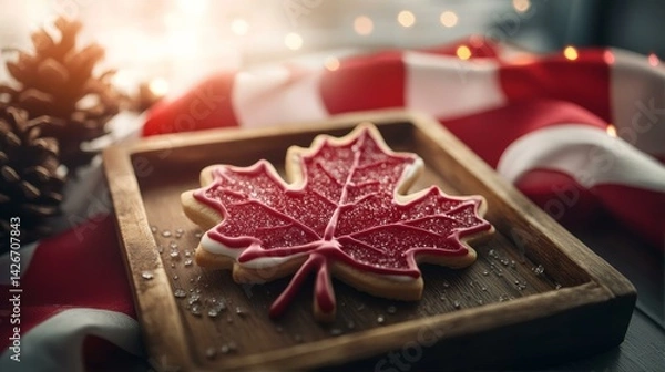 Obraz Maple leaf cookie with red and white icing on a wooden tray, celebrating Canada Day with festive charm.