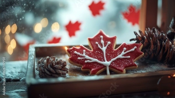 Obraz Maple leaf cookie with red and white icing on a wooden tray, celebrating Canada Day with festive charm.