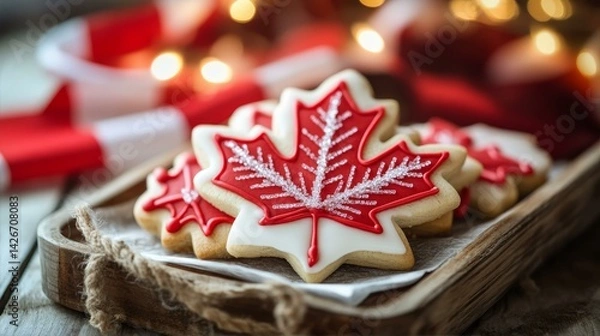 Obraz Maple leaf cookie with red and white icing on a wooden tray, celebrating Canada Day with festive charm.
