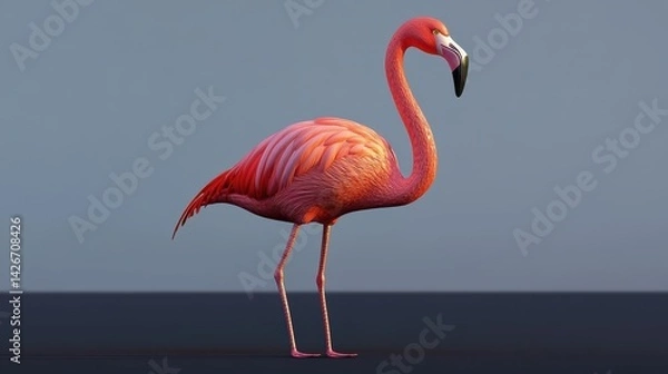Fototapeta A 3D representation of a vibrant pink flamingo set against a simple background.