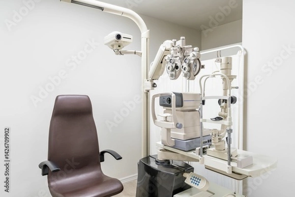 Obraz Optometry examination room with ophthalmic equipment.