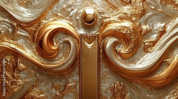 Fototapeta Gold and cream abstract design with swirling forms and a central letter I