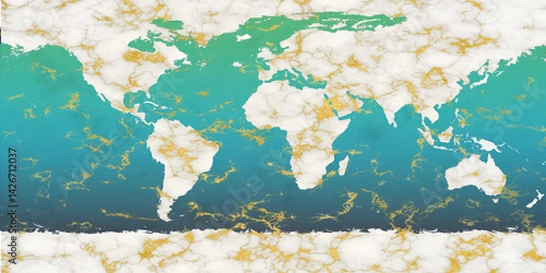 Obraz global map white marble on land and ice land and iridesent deep ocean color and  gold mineral texture