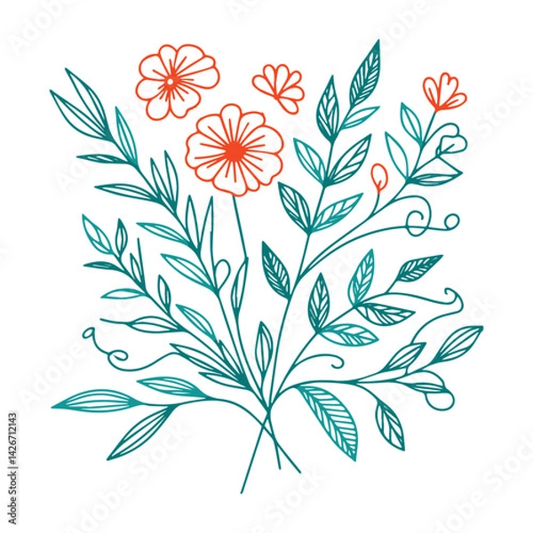 Fototapeta botanical floral sketch design with decorative hand drawn leaves and flower outlines for kitchen wear and pillow fabric design

