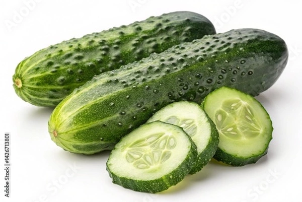 Fototapeta Crisp, Juicy Cucumbers: High-Resolution Close-Up Photography. Perfect for food blogs, cookbooks, healthy recipes, and fresh produce marketing. Showcase the vibrant green hues and exquisite texture of 