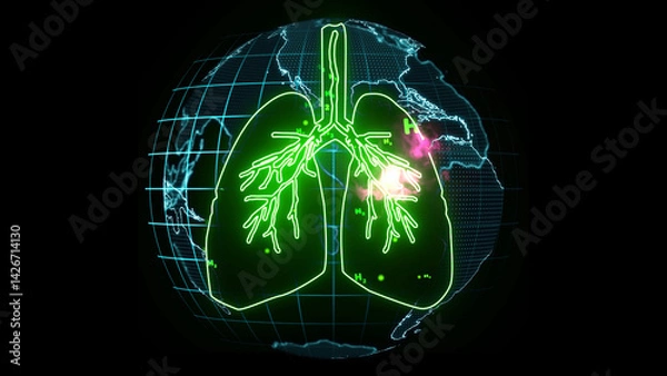 Obraz lung green digital animation and blood vessel with pink energy flow global and particle green hydrogen flying inside