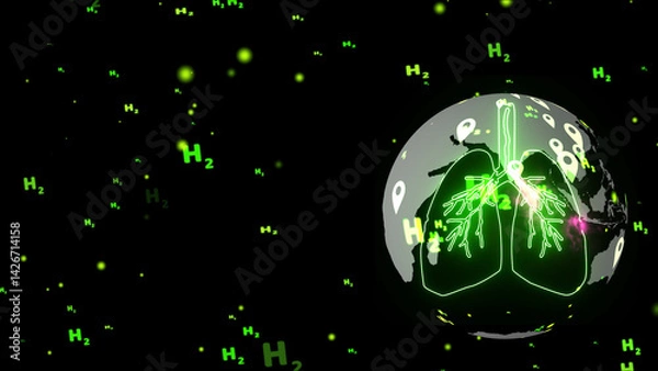 Obraz lung green digital animation and blood vessel with pink energy flow inside global india ocean particle green hydrogen flying