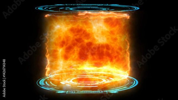 Obraz Nuclear fusion engine simulation of atomic collision to powerful  release mass power in digital blue laboratory on black isolated