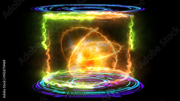 Obraz Nuclear Fusion reactor engine simulation electron orbit and explosive to release full power in digital magnetic field laboratory on the black isolated