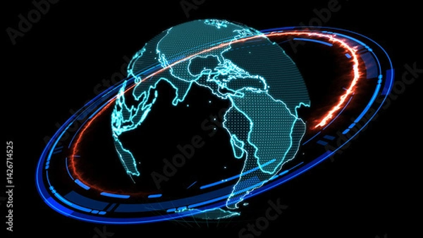 Obraz peer to peer global network wireless and orange laser connection simulation on monitor digital technology blue ring
