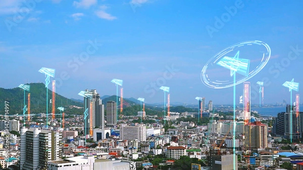 Obraz Smart city futuristic monitor solar cell and digital power technology digital sky. electricity sales concept energy from households and citizens