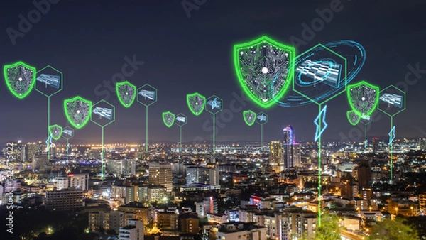 Obraz Smart city solar cell security futuristic digital shield show check point enegry technology