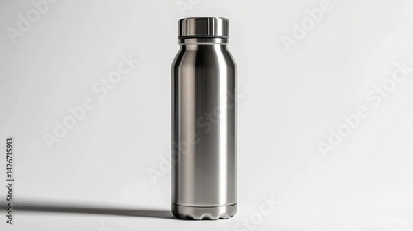 Fototapeta A metal thermos bottle isolated on a pure white background, realistic lighting and shadow, ideal for cut-out and compositing