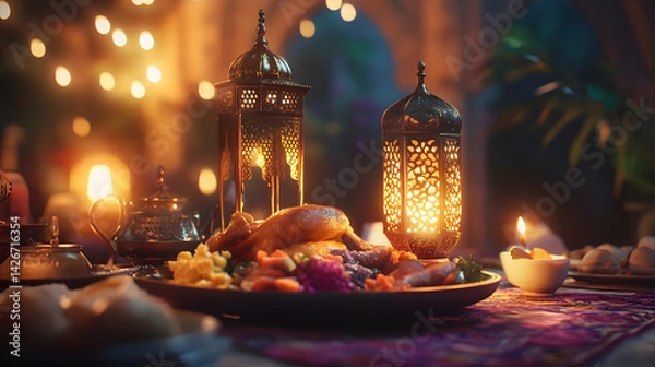 Obraz Ramadan Kareem Night Sky Background Template Crescent Moon Stars Ornaments Ideal for Eid Social Media Advertising Campaigns
