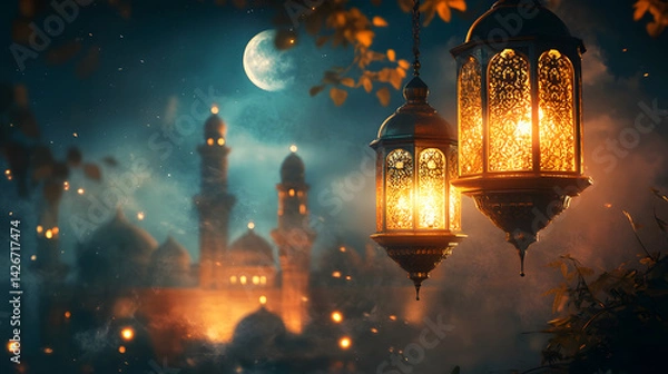 Obraz Ramadan Kareem Night Sky Background Template Crescent Moon Stars Ornaments Ideal for Eid Social Media Advertising Campaigns