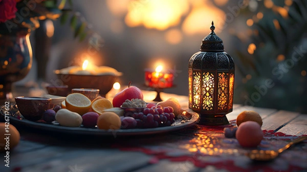 Obraz Ramadan Kareem Night Sky Background Template Crescent Moon Stars Ornaments Ideal for Eid Social Media Advertising Campaigns