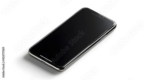 Fototapeta A sleek smartphone with a black screen resting on a white surface in a well lit environment