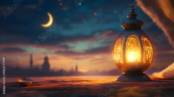 Obraz Ramadan Kareem Night Sky Background Template Crescent Moon Stars Ornaments Ideal for Eid Social Media Advertising Campaigns
