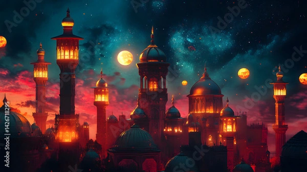 Obraz Ramadan Kareem Night Sky Background Template Crescent Moon Stars Ornaments Ideal for Eid Social Media Advertising Campaigns