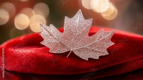 Obraz Sparkling maple leaf brooch on red velvet, golden sunlight and firework reflections, celebrating Canada Day with patriotic elegance.