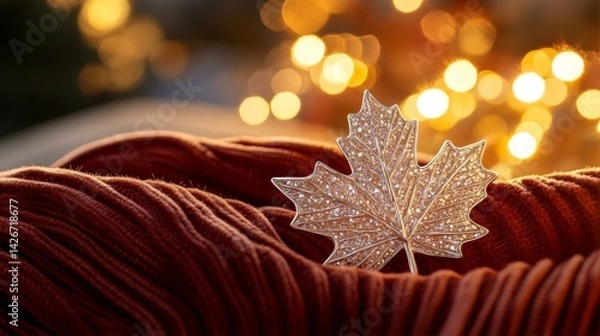 Obraz Sparkling maple leaf brooch on red velvet, golden sunlight and firework reflections, celebrating Canada Day with patriotic elegance.