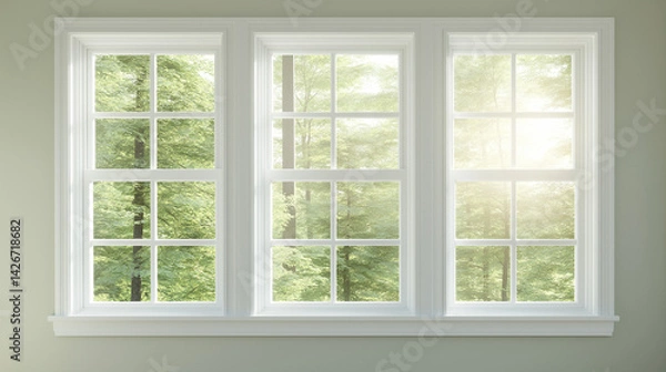 Fototapeta Aesthetic window framed view: A bright and airy window offers a captivating view of a lush green forest, with sunlight streaming through the glass. It embodies a sense of openess.