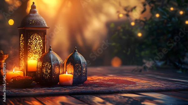 Obraz Ramadan Kareem Night Sky Background Template Crescent Moon Stars Ornaments Ideal for Eid Social Media Advertising Campaigns