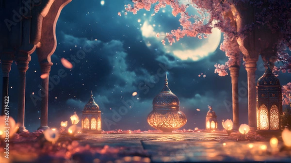 Obraz Ramadan Kareem Night Sky Background Template Crescent Moon Stars Ornaments Ideal for Eid Social Media Advertising Campaigns