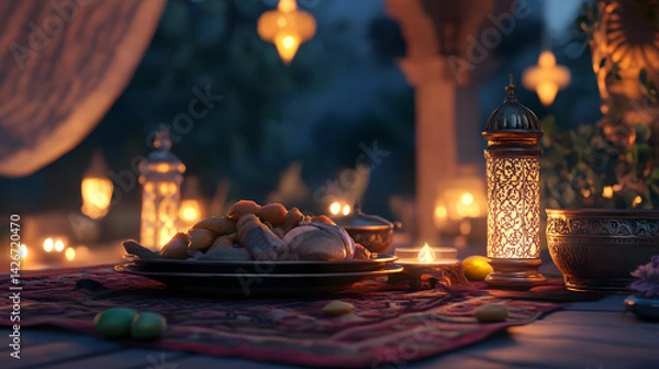 Obraz Ramadan Kareem Night Sky Background Template Crescent Moon Stars Ornaments Ideal for Eid Social Media Advertising Campaigns