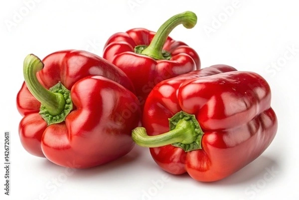 Fototapeta Vibrant Red Bell Peppers: Crisp, Organic, Photorealistic Food Photography. Perfect for recipes, healthy eating blogs, and culinary websites. Showcase the freshness and detail of these gorgeous peppers