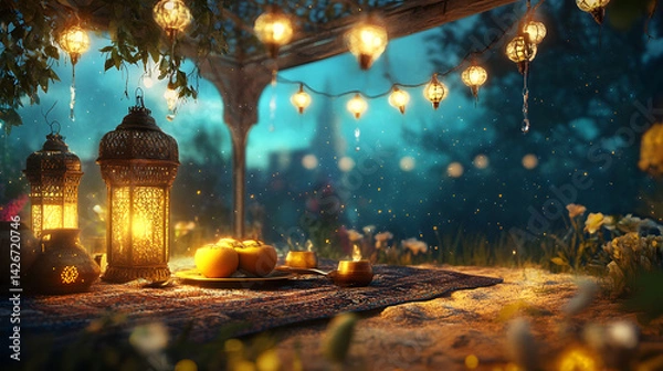 Obraz Ramadan Kareem Night Sky Background Template Crescent Moon Stars Ornaments Ideal for Eid Social Media Advertising Campaigns