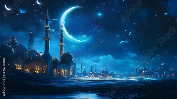 Obraz Ramadan Kareem Night Sky Background Template Crescent Moon Stars Ornaments Ideal for Eid Social Media Advertising Campaigns