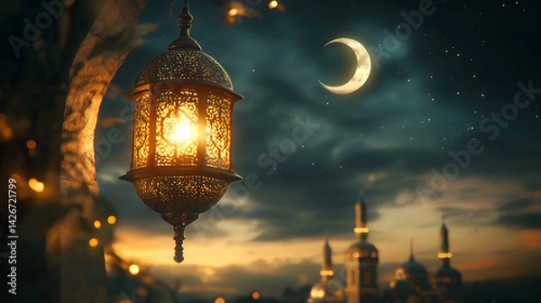 Obraz Ramadan Kareem Night Sky Background Template Crescent Moon Stars Ornaments Ideal for Eid Social Media Advertising Campaigns