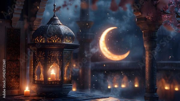 Obraz Ramadan Kareem Night Sky Background Template Crescent Moon Stars Ornaments Ideal for Eid Social Media Advertising Campaigns