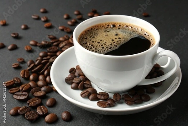 Fototapeta Indulge in the Dark Roast: Gourmet Coffee Cup Photography. Rich textures, aromatic steam, high contrast, upscaled image perfect for cafe menus, websites, blogs, and coffee packaging design. Aromatic, 