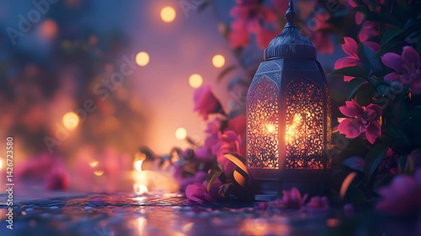 Obraz Ramadan Kareem Night Sky Background Template Crescent Moon Stars Ornaments Ideal for Eid Social Media Advertising Campaigns